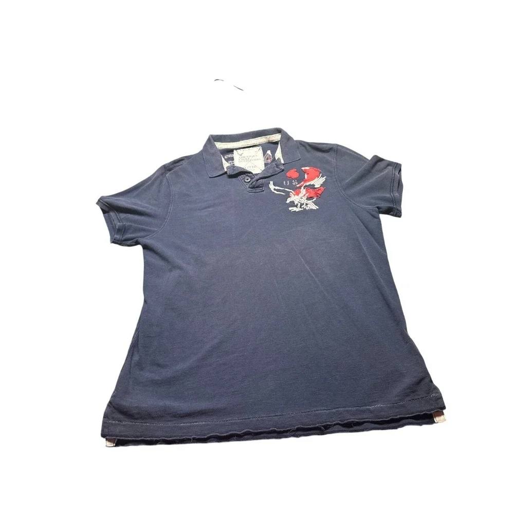American Eagle Distressed Heritage Polo Shirt Navy Blue Graphic Raw‎ Hem XL